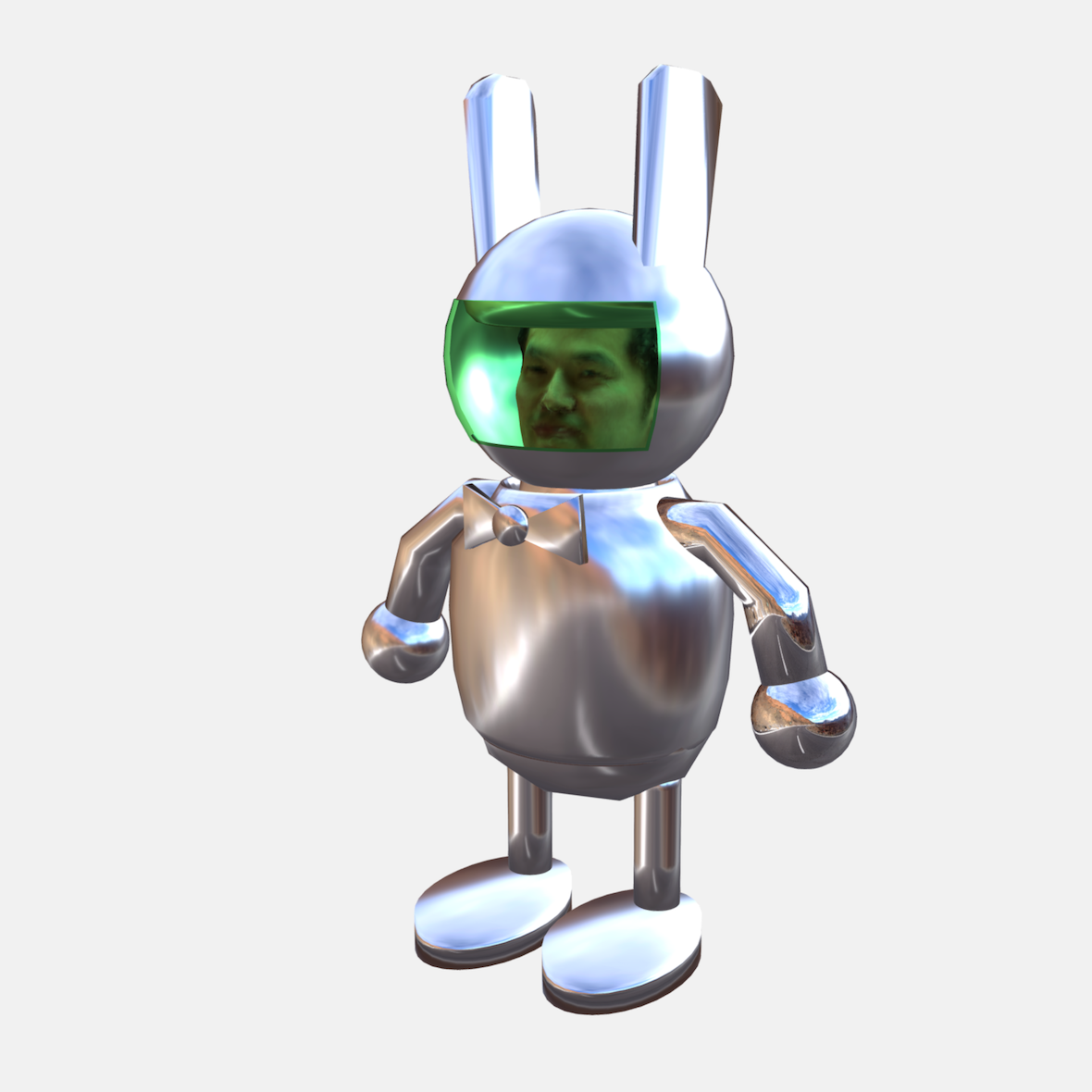 A 3D rendered image of a metallic robot bunny armour with my head inside the helmet